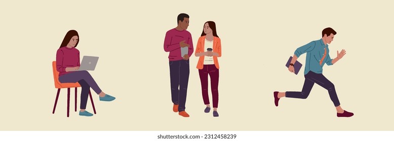Colección de escenas en la oficina. Un grupo de hombres y mujeres que trabajan, hablan, se reúnen en negocios, negocian, hacen tormentas de ideas y hablan entre ellos. ilustración de vector dibujada a mano.