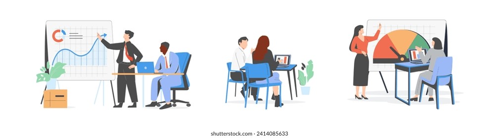 Collection of scenes at office. Bundle of men and women taking part in business meeting, negotiation, brainstorming, talking to each other. Colorful vector illustration in flat cartoon style