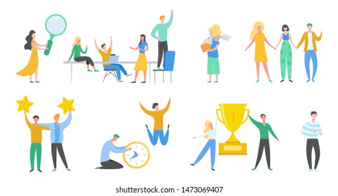 Collection of scenes at office. Set of men and women taking part in negotiation, business meeting,  brainstorming, working, talking. Colorful vector illustration in flat cartoon style.