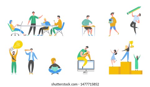 Colección de escenas en la oficina. Conjunto de hombres y mujeres que participan en la negociación, la reunión de negocios, la lluvia de ideas, el trabajo, la conversación. Ilustración vectorial colorida al estilo de dibujos animados planos.