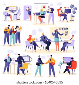 Collection of scenes in office. Set of men and women taking part in business meetings, brainstorming,  negotiations, talking to each other. People successfully organize assignments and appointments. 
