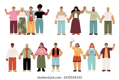 A collection of scenes with pairs of people in chains holding hands. A vector concept depicting the support and unity of diverse people, a peaceful rally.