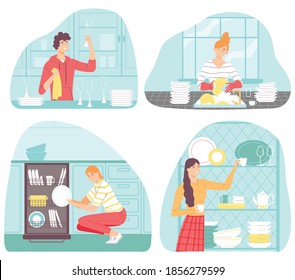 Collection of scenes with people doing housework. Set of men and women washing dishes, wipe the dishes, arrange the mugs. Flat illustration for banners, posters, postcard . Cartoon style.