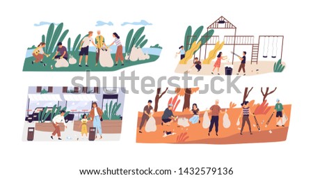 Collection of scenes with people or ecologists collecting garbage in forest, on street and playground. Altruistic activity, environmental protection. Flat cartoon colorful vector illustration.