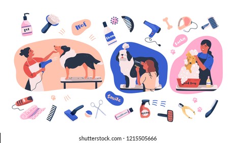 Collection of scenes with people grooming dogs and items for coat care. Women caring of domestic animals or pets - blow drying, cutting fur, washing. Colored vector illustration in flat cartoon style.