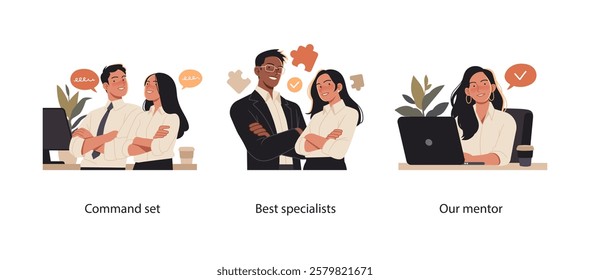 Collection of scenes representing teamwork, expertise, and mentorship. Confident professionals collaborate in a modern office, showcasing leadership, skill, and guidance.