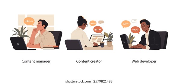 Collection of scenes showcasing professionals in digital content creation and management. A content manager, creator, and web developer work on their tasks in a modern office environment.