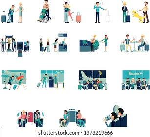 Collection of scenes tourists in airport. Couple, friend and family going to vacation or business trip. Traveler passing check in, metal detection, wainting hall. Flat cartoon vector illustration