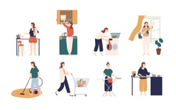 Collection Of Scenes With Woman Or Housewife Doing Housework - Washing Dishes, Ironing Clothes, Cleaning Window, Cooking, Feeding Baby, Shopping. Colorful Vector Illustration In Flat Cartoon Style.