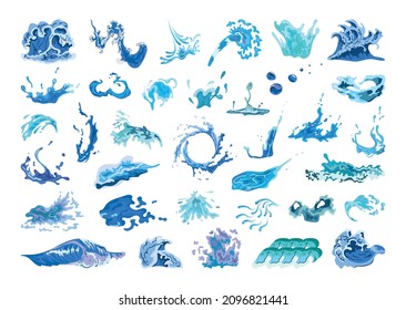 Collection of scenic blue raging waves and splashes. Illustrations of water storms and tsunamis.