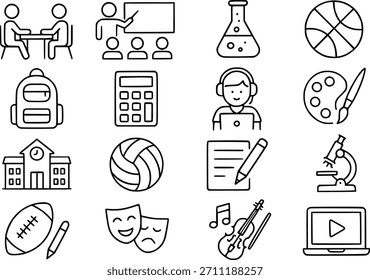 Collection of school activity and object icons, outline version