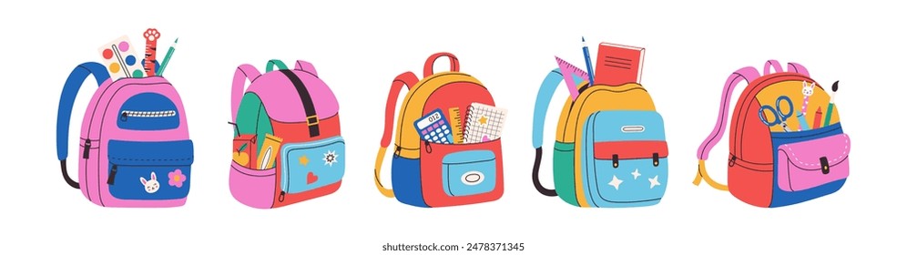 Colección de mochila escolar y mochila escolar. Bolsos coloridos de los niños con papelería, libros, Reglas, bolígrafos. Ilustración vectorial dibujada a mano Estilo plano moderno de la historieta.