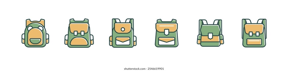 collection of school bag icon set education backpack for travel, hiking, study university storage pack luggage signs vector illustration for web and app