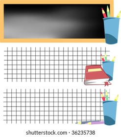 collection of school banners with colored pencils and blackboard