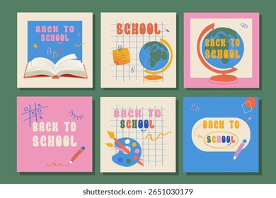 Collection of school cards in minimal flat style with globe, palette, grid and open book. Perfect for educational prints, digital content and kids promotions.
