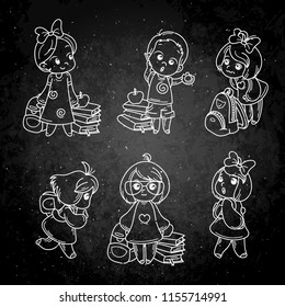Collection of school cartoon children. Set of vector illustration. Ideal for prints, posters, cards, books. Chalk drawing on a blackboard