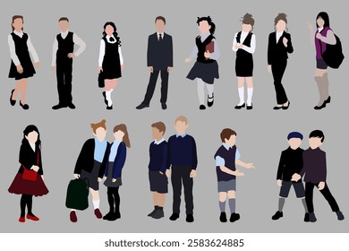 Collection of school children silhouettes in school uniform. Vector illustration.	