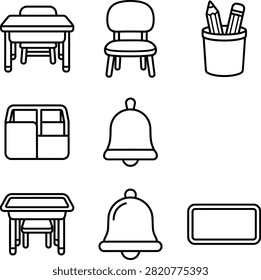 A collection of school classroom objects including desks, chairs, pencils, and bells for kids coloring.