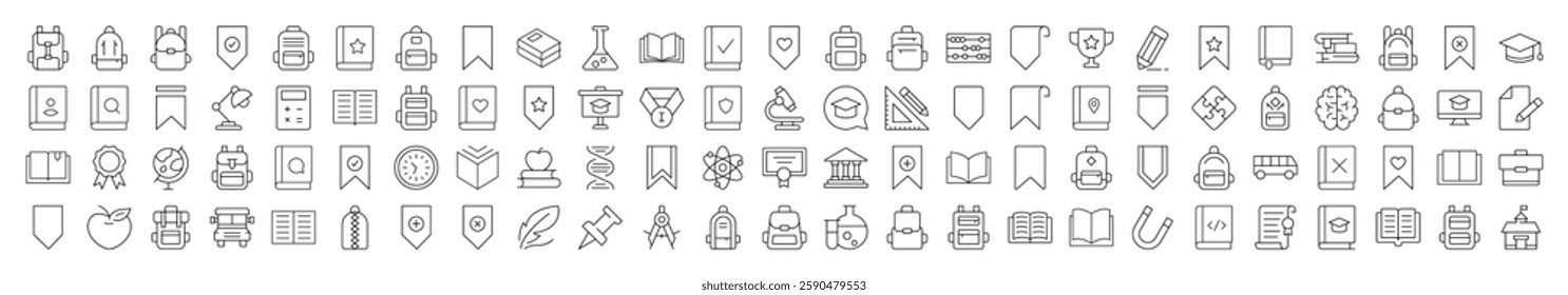 Collection of School, College, University Related Line Icons. Editable Stroke for Design, Web Sites, Apps, Cards. Contains Linear Images of Backpack, Bookmark, Book, Clock