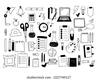 Collection school doodles. Educational items, stationery, study notebooks, pens and books, laptop, planners and subject hobbies. Vector illus.tration. Isolated linear hand drawings for design, decor