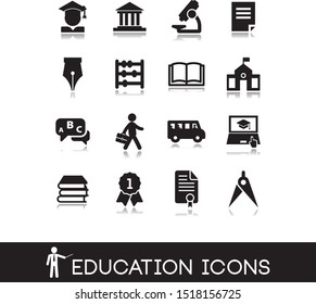 Collection of school and education icons in black style.