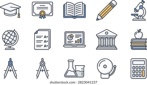 Collection of school and education line art icons with education, learning