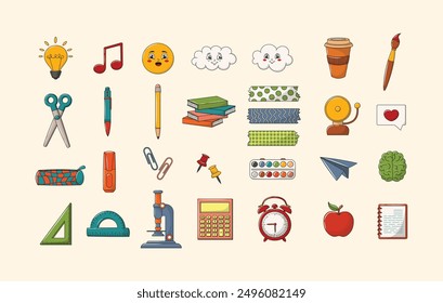 Collection of school elements in a cute vector style. Back to school educational learning set with stationery, supplies for children. Illustrations for posters, stationery, scrapbooking. 