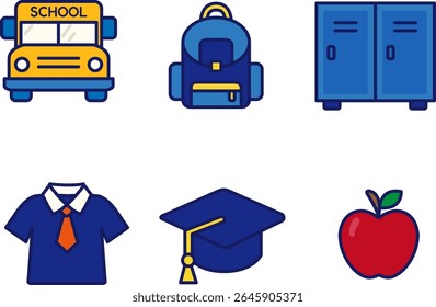 A collection of school environment icons in flat style. Featuring school bus, uniform, graduation hat, backpack, locker, and apple. Great for back to school themes and educational content.