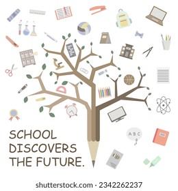 Collection of school icons complete, colored. Tree of knowledge. School education. EPS 10.