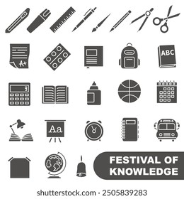 Collection of school icons. Festival of knowledge, dark icons. Education. EPS 10.