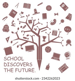 Collection of school icons fully colored in red. Tree of knowledge. School education. EPS 10.