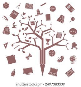 Kollektion von Schulsymbolen komplett rot gefärbt. Baum des Wissens. Schulbildung. EPS 10.