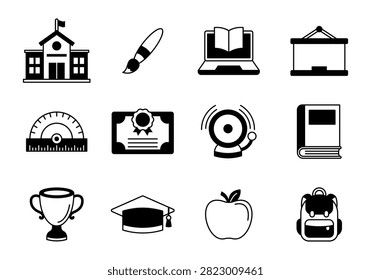 A collection of school icons representing education, learning, and classroom essentials for digital and print use.