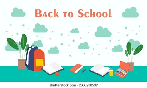 Collection of School illistrations with backpack. lunch box, apple, drinks, plants, books, copybook, pencil. Back to school. Editable vector illustration