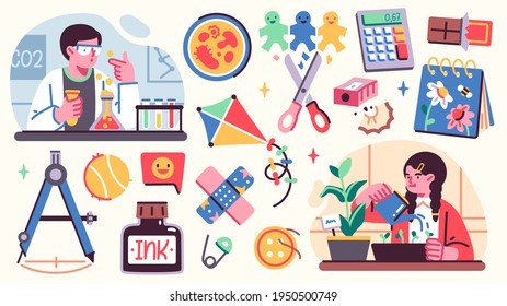 Collection of School illistrations with Cute happy children, school supplies and different decoration elements. Vector set