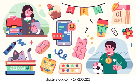 Collection of School illistrations with Cute happy children, school supplies and different decoration elements. Vector set