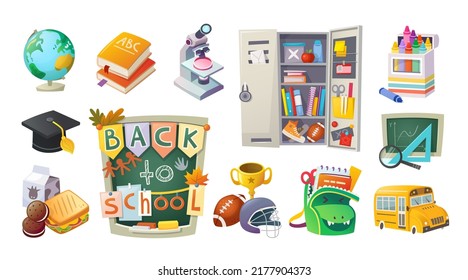 Collection of school items and equipment for study. Isolated vector icons for school designs back to school invitations and school sale labels