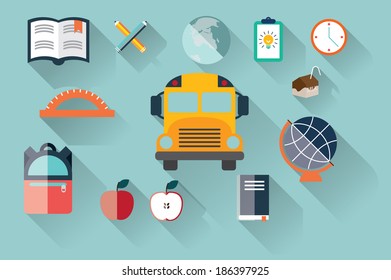 Collection of school items, flat design, long shadow, vector illustration