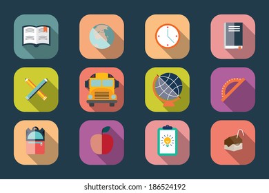 Collection of school items icons, flat design, long shadow, vector illustration