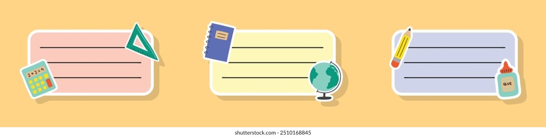Colección de las etiquetas de una escuela. Diseño de dibujos animados para un cuaderno. Ilustración vectorial
