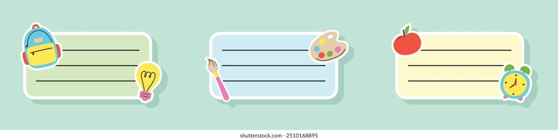 Coleção de rótulos de escola. Design de desenhos animados para notebooks. Ilustração vetorial