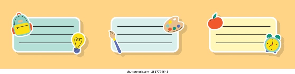 Collection of a school labels. Cartoon design for a notebook. Vector illustration