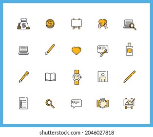 Collection of school linear icons and color icons. pencil, ballpoint pen, notebook, eraser, print. Set of study, school bus symbols drawn with thin contour lines.