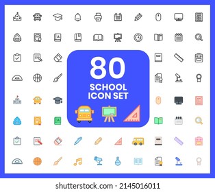 Collection of school linear icons and color icons. pencils, blackboards, dictionaries, notebooks. Set of Bus, study symbols drawn with thin contour lines.