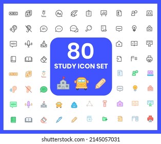 Collection of school linear icons and color icons. pencil, ballpoint pen, notebook, eraser, print. Set of study, school bus symbols drawn with thin contour lines.