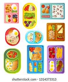 Collection of School Lunch Trays of Different Colors, Healthy Nutrition Food of Children Vector Illustration