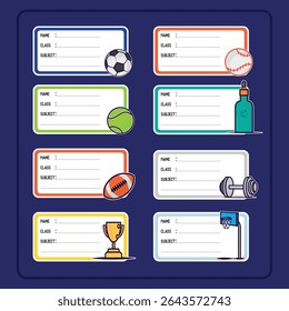 Collection of School Name Tags with Sports Theme. Cute Notebook Labels.