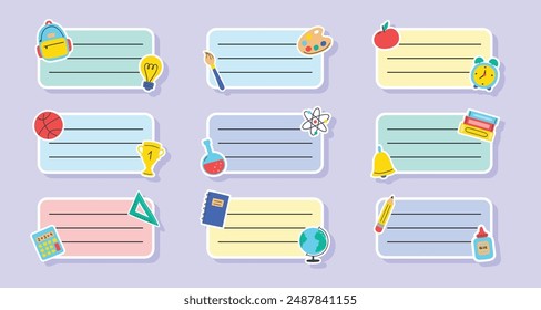 Collection of school notebook labels in cartoon style. Vector illustration