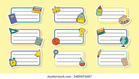 Collection of school notebook labels in cartoon style. Vector illustration