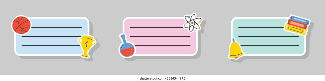 Collection of school notebook labels in cartoon style. Vector illustration